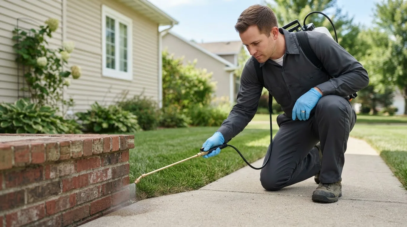 Pest control technician treating a home near Underhill, VT